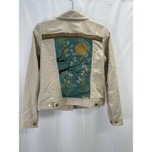 Signed OOAK Lauren‎ Jeans Co.Crème denimTrucker Jacket Cherry Blossom Moon Small